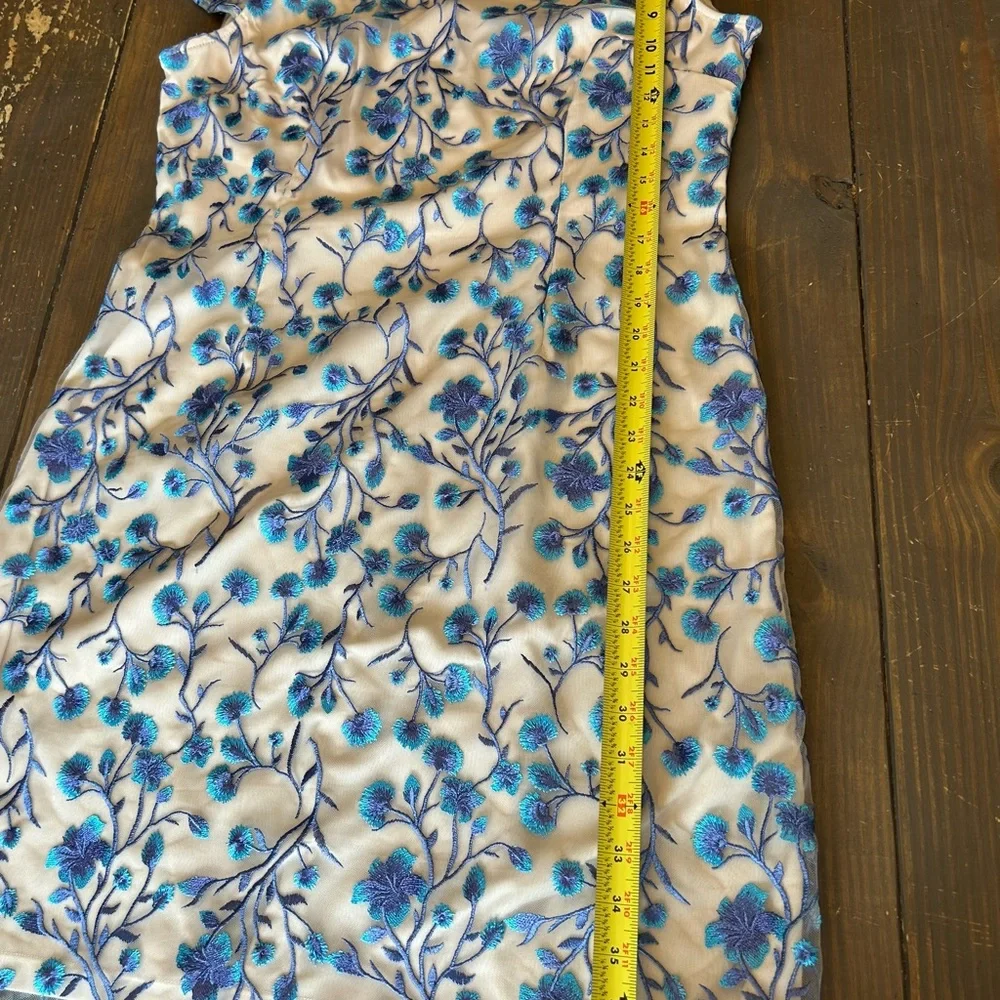 Adrianna Papell Floral Sheath Dress Cream Blue Nude Cap Sleeve Size 14 - Picture 11 of 14